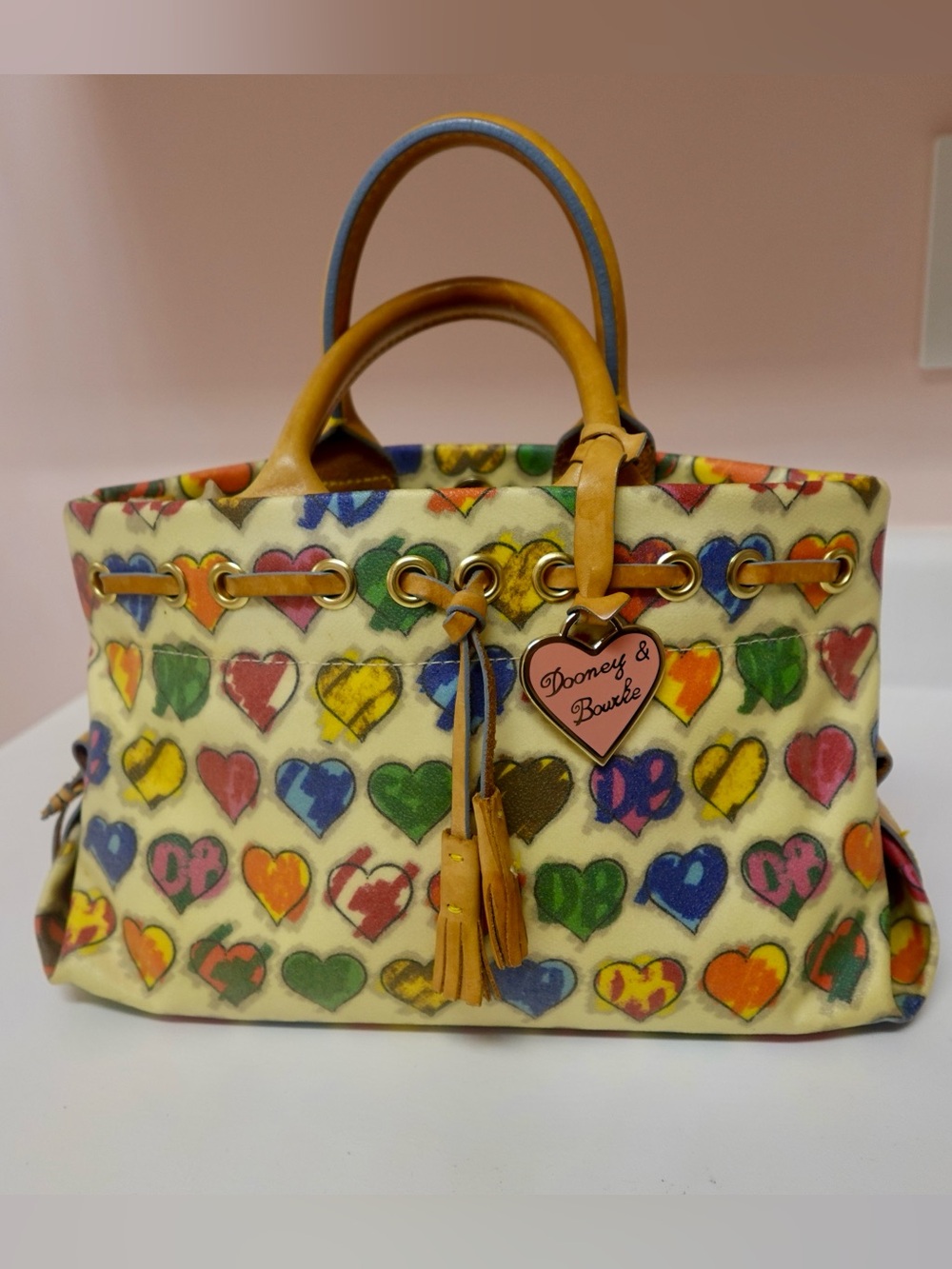 Dooney & Bourke vintage Y2K Multicolor crayon Heart Print small leather Tote bag